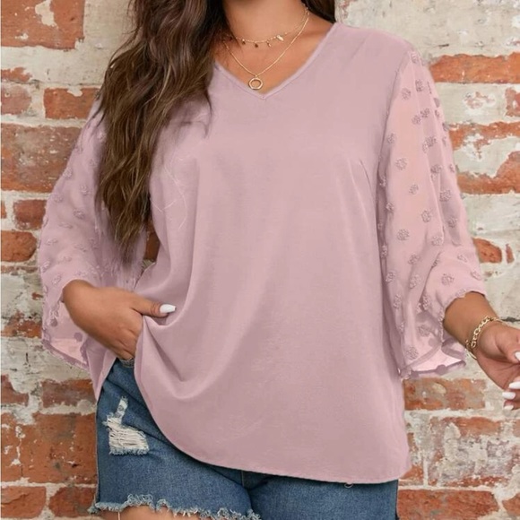Accessories - Plus size dusty pink Swiss dot sleeve V neck blouse